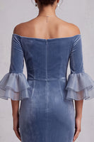 Load image into Gallery viewer, Dusty Blue Velvet Mermaid Ruffled Beaded Ruched Long Formal Dress with Sleeves