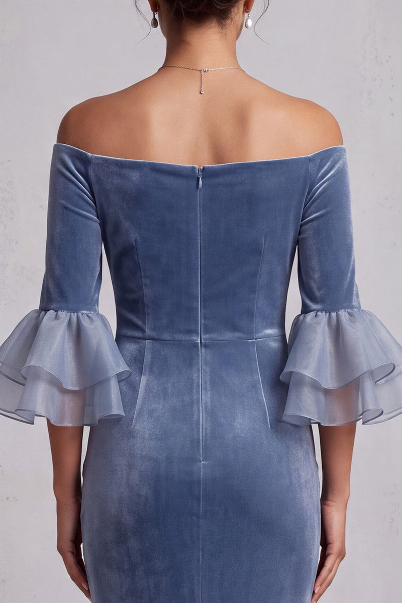Load image into Gallery viewer, Dusty Blue Velvet Mermaid Ruffled Beaded Ruched Long Formal Dress with Sleeves