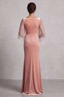 Load image into Gallery viewer, Sparkly Peach Mermaid Velvet Ruched Long Mother of the Bride Dress with Sleeves