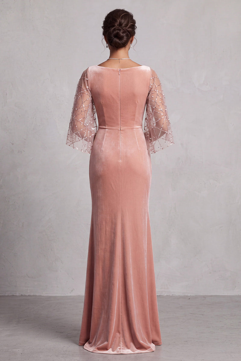 Load image into Gallery viewer, Sparkly Peach Mermaid Velvet Ruched Long Mother of the Bride Dress with Sleeves