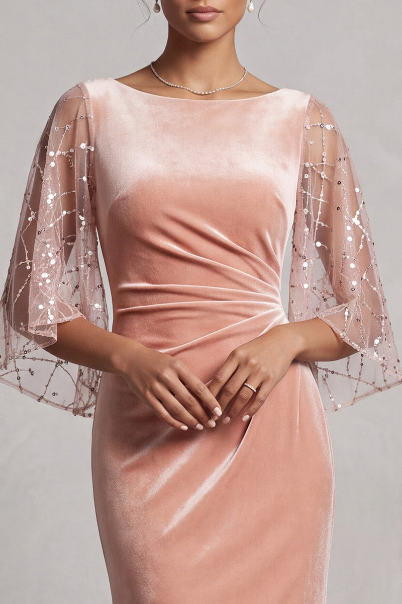 Load image into Gallery viewer, Sparkly Peach Mermaid Velvet Ruched Long Mother of the Bride Dress with Sleeves