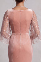 Load image into Gallery viewer, Sparkly Peach Mermaid Velvet Ruched Long Mother of the Bride Dress with Sleeves