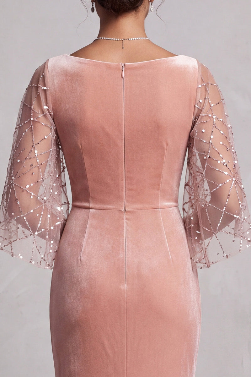 Load image into Gallery viewer, Sparkly Peach Mermaid Velvet Ruched Long Mother of the Bride Dress with Sleeves