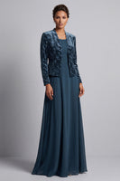 Load image into Gallery viewer, Peacock Blue 2 Piece Velvet Floral A-Line Long Mother of the Bride Dress with Jacket