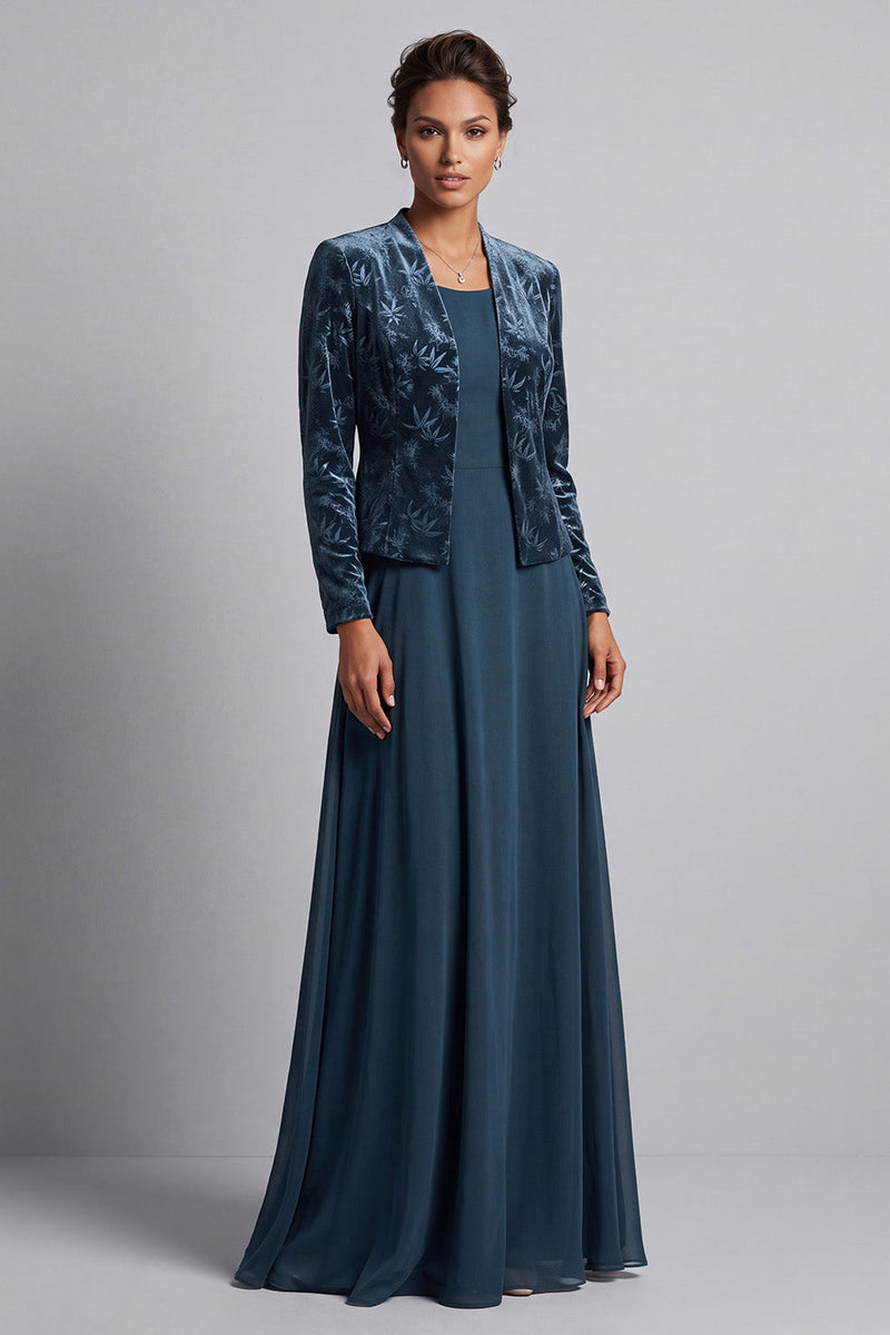 Load image into Gallery viewer, Peacock Blue 2 Piece Velvet Floral A-Line Long Mother of the Bride Dress with Jacket