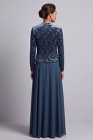 Load image into Gallery viewer, Peacock Blue 2 Piece Velvet Floral A-Line Long Mother of the Bride Dress with Jacket