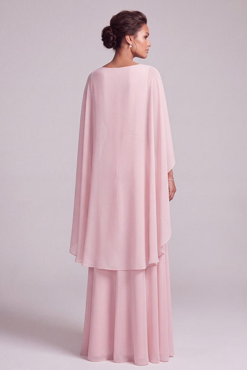 Load image into Gallery viewer, Blush A-Line 2 Piece Chiffon Round Neck Beaded Long Mother of the Bride Dress with Cape