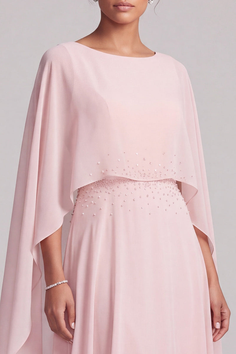 Load image into Gallery viewer, Blush A-Line 2 Piece Chiffon Round Neck Beaded Long Mother of the Bride Dress with Cape