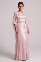 Load image into Gallery viewer, Blush A Line Round Neck Beaded Long Satin Mother of the Bride Dress with Cape