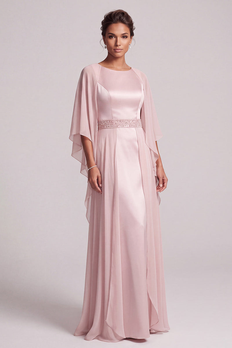 Load image into Gallery viewer, Blush A Line Round Neck Beaded Long Satin Mother of the Bride Dress with Cape
