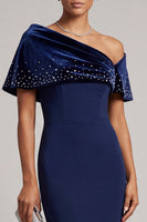 Load image into Gallery viewer, Dark Blue Mermaid Beaded Asymmetrical Neck Satin Long Mother of the Bride Dress with Cape