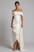 Load image into Gallery viewer, Sparkly Ivory Sheath Beaded Off the Shoulder Ruched High Low Formal Dress with Side Cape