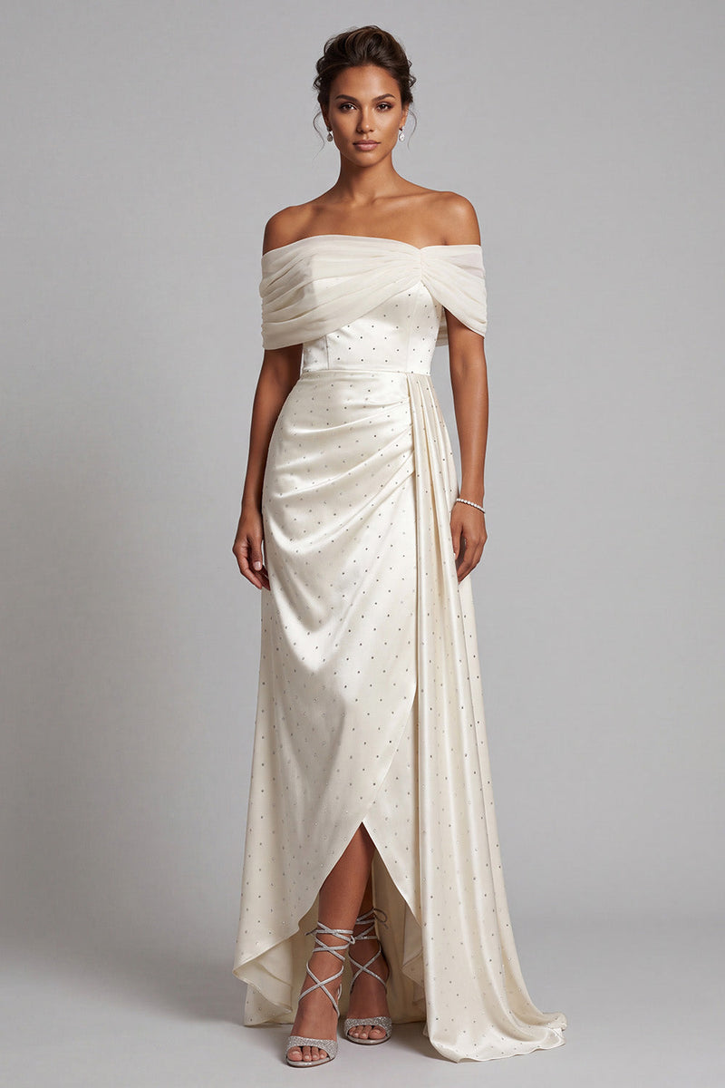 Load image into Gallery viewer, Sparkly Ivory Sheath Beaded Off the Shoulder Ruched High Low Formal Dress with Side Cape