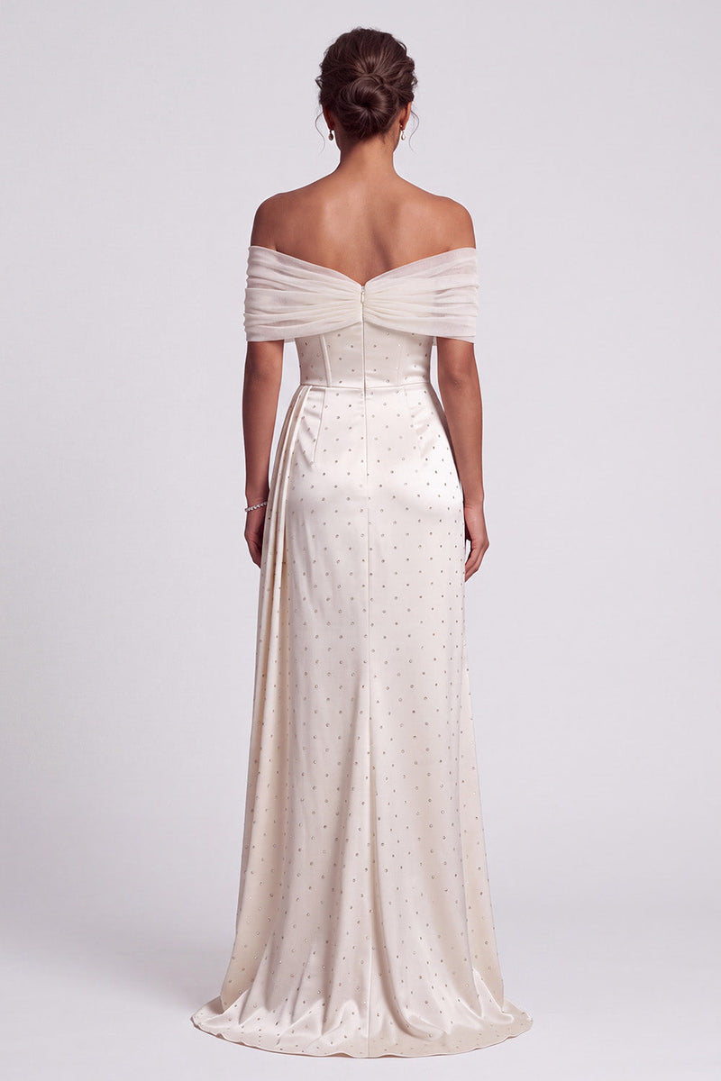 Load image into Gallery viewer, Sparkly Ivory Sheath Beaded Off the Shoulder Ruched High Low Formal Dress with Side Cape