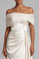 Load image into Gallery viewer, Sparkly Ivory Sheath Beaded Off the Shoulder Ruched High Low Formal Dress with Side Cape