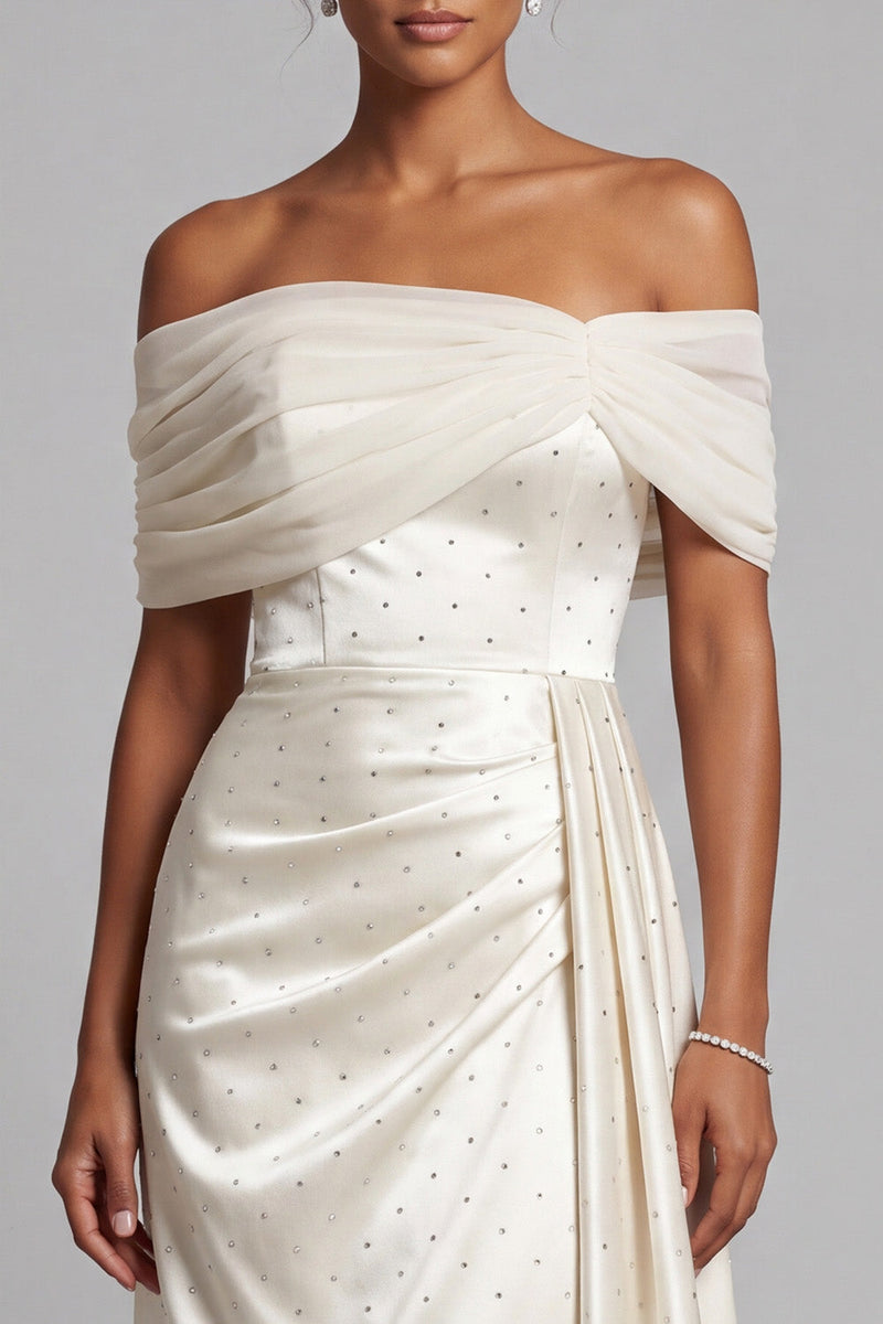 Load image into Gallery viewer, Sparkly Ivory Sheath Beaded Off the Shoulder Ruched High Low Formal Dress with Side Cape