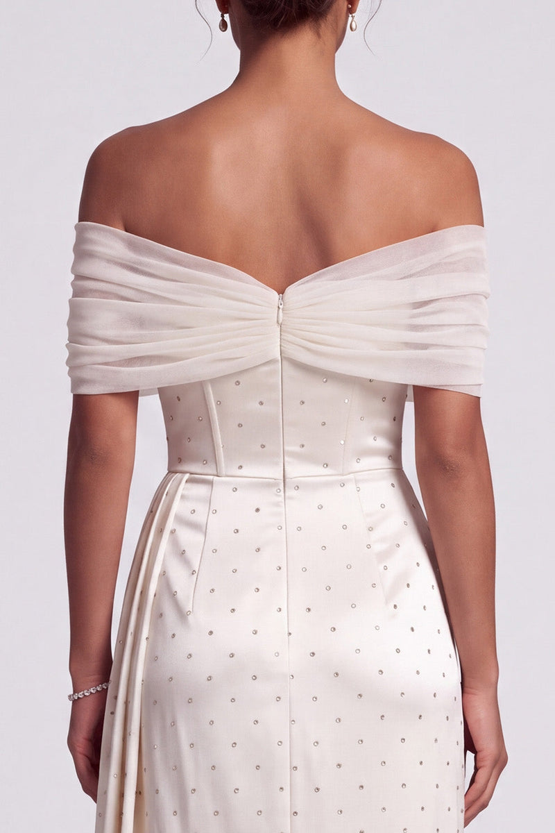 Load image into Gallery viewer, Sparkly Ivory Sheath Beaded Off the Shoulder Ruched High Low Formal Dress with Side Cape