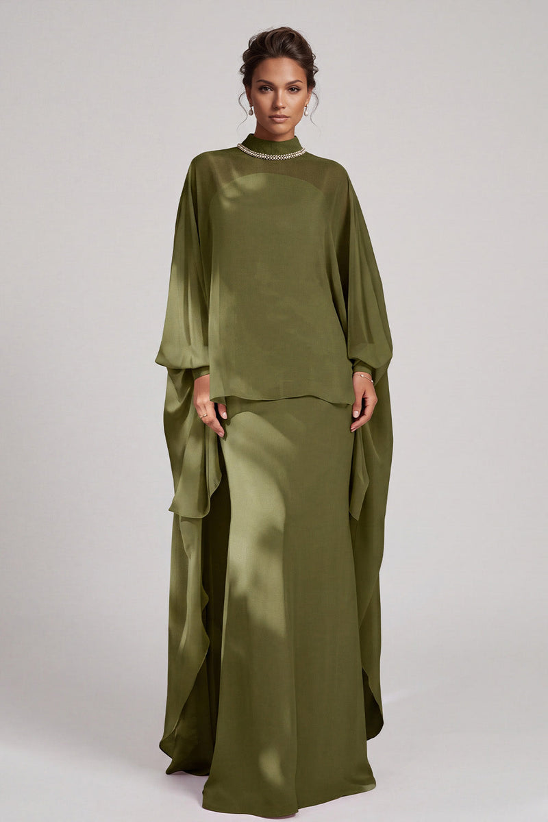 Load image into Gallery viewer, Olive Sheath High Neck Beaded Chiffon Long Sleeves Mother of the Bride Dress with Cape