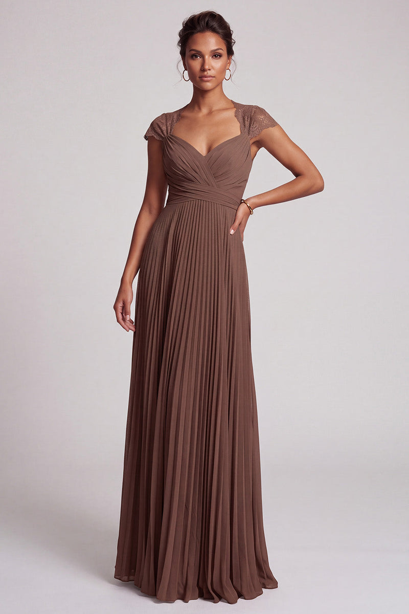 Load image into Gallery viewer, Simple Coffee Chiffon A-Line Pleated Long Formal Dress with Lace