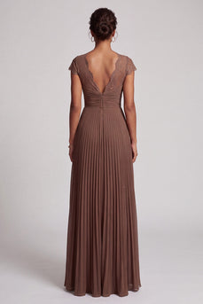 Simple Coffee Chiffon A-Line Pleated Long Formal Dress with Lace