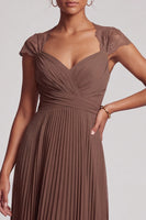 Load image into Gallery viewer, Simple Coffee Chiffon A-Line Pleated Long Formal Dress with Lace