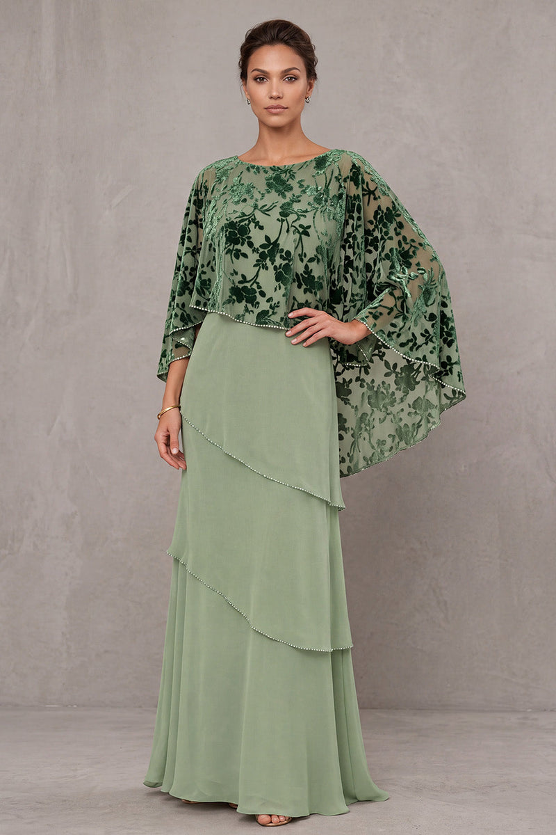 Load image into Gallery viewer, Dusty Sage Floral Ruffled Sheath Beaded 2 Piece Long Mother of the Bride Dress with Cape