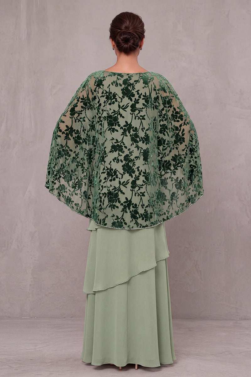 Load image into Gallery viewer, Dusty Sage Floral Ruffled Sheath Beaded 2 Piece Long Mother of the Bride Dress with Cape