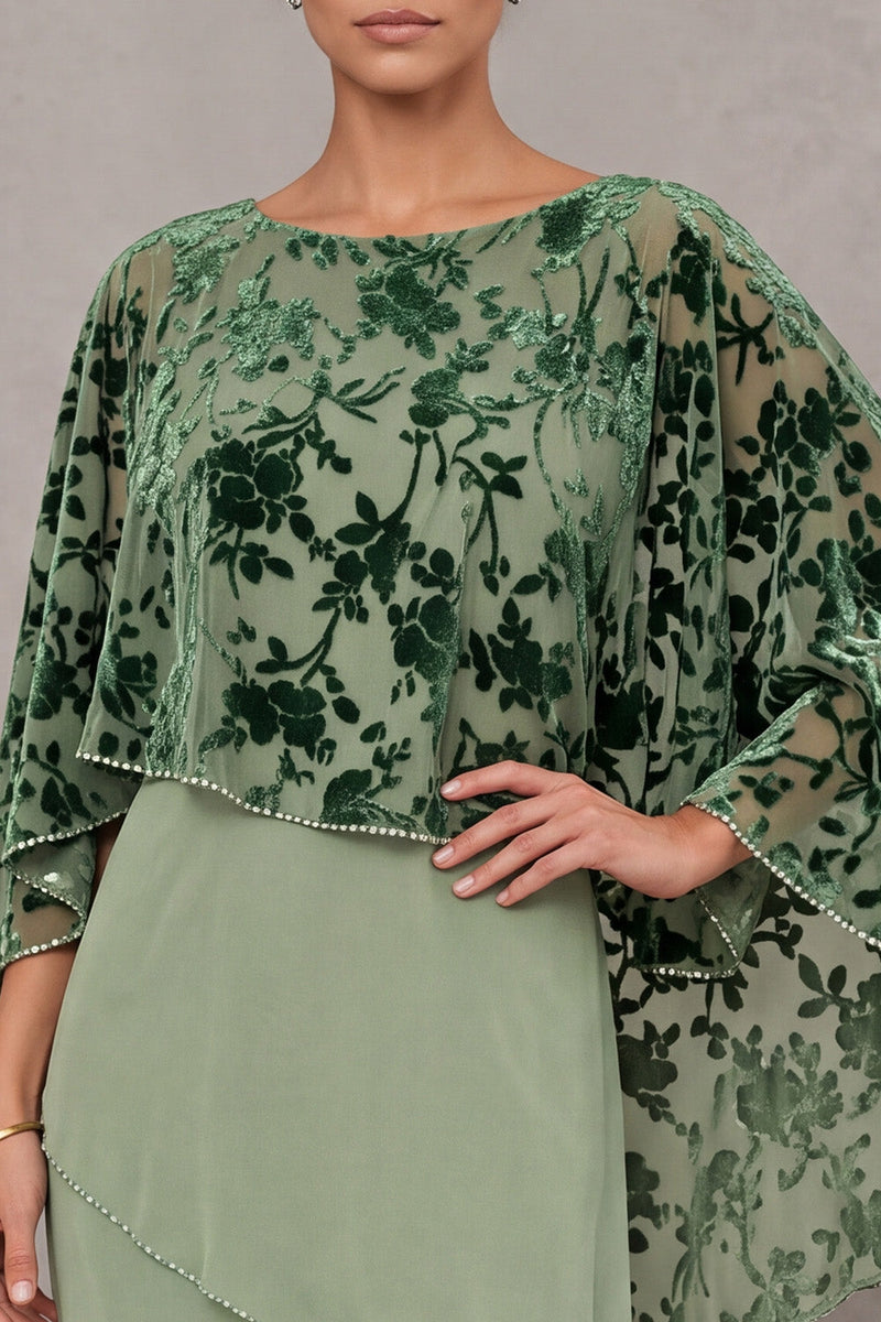 Load image into Gallery viewer, Dusty Sage Floral Ruffled Sheath Beaded 2 Piece Long Mother of the Bride Dress with Cape