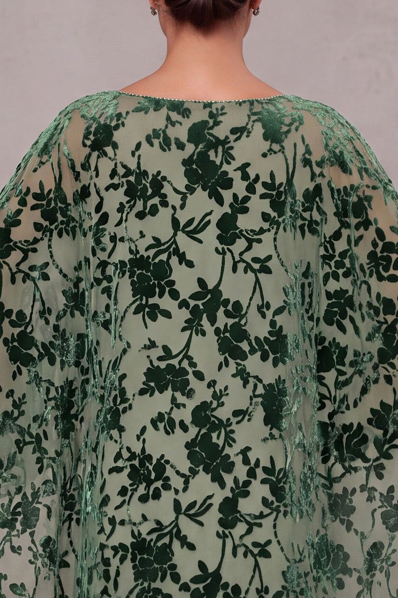 Load image into Gallery viewer, Dusty Sage Floral Ruffled Sheath Beaded 2 Piece Long Mother of the Bride Dress with Cape