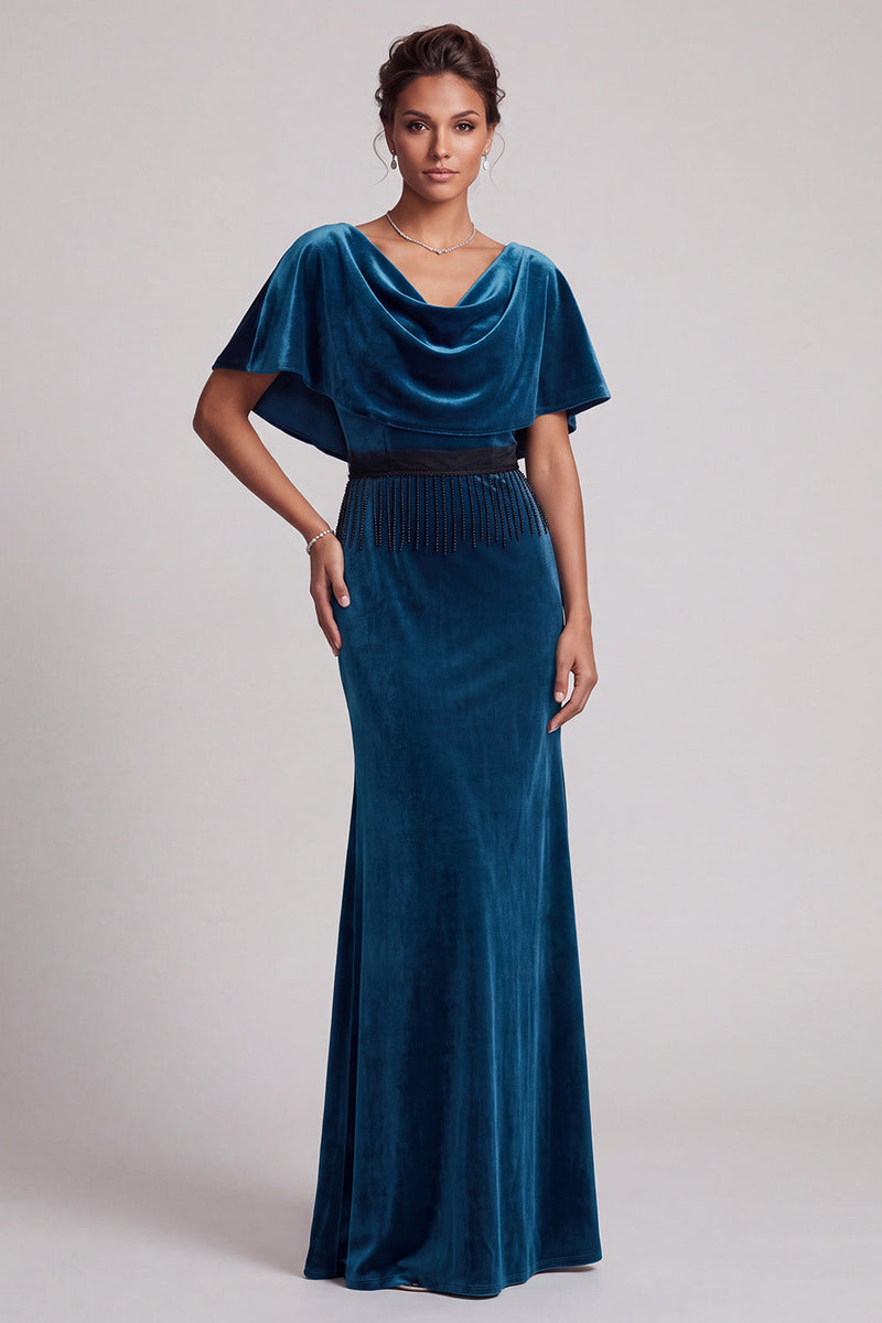 Load image into Gallery viewer, Peacock Blue Mermaid Cowl Neck Fringed Velvet Long Mother of the Bride Dress with Cape