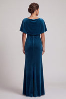 Load image into Gallery viewer, Peacock Blue Mermaid Cowl Neck Fringed Velvet Long Mother of the Bride Dress with Cape