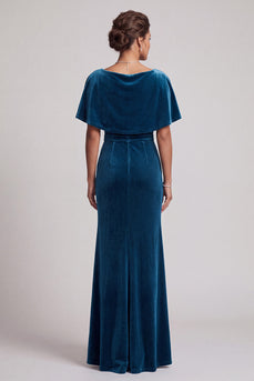 Peacock Blue Mermaid Cowl Neck Fringed Velvet Long Mother of the Bride Dress with Cape