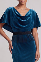 Load image into Gallery viewer, Peacock Blue Mermaid Cowl Neck Fringed Velvet Long Mother of the Bride Dress with Cape