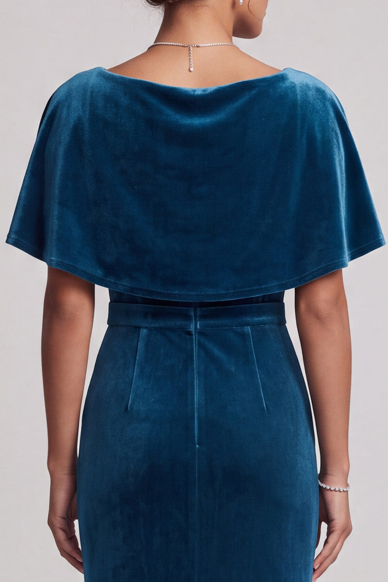 Load image into Gallery viewer, Peacock Blue Mermaid Cowl Neck Fringed Velvet Long Mother of the Bride Dress with Cape