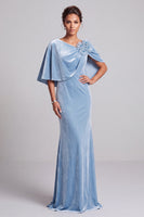 Load image into Gallery viewer, Light Blue Mermaid Asymmetrical Neck Long Velvet Mother of the Bride Dress with 3D Flowers