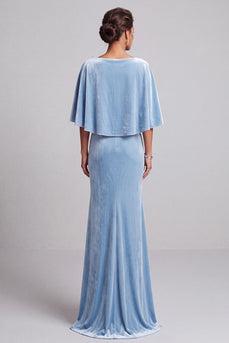 Light Blue Mermaid Asymmetrical Neck Long Velvet Mother of the Bride Dress with 3D Flowers