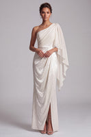 Load image into Gallery viewer, Sparkly Ivory Mermaid Beaded Ruched Long Mother of the Bride Dress with Side Cape