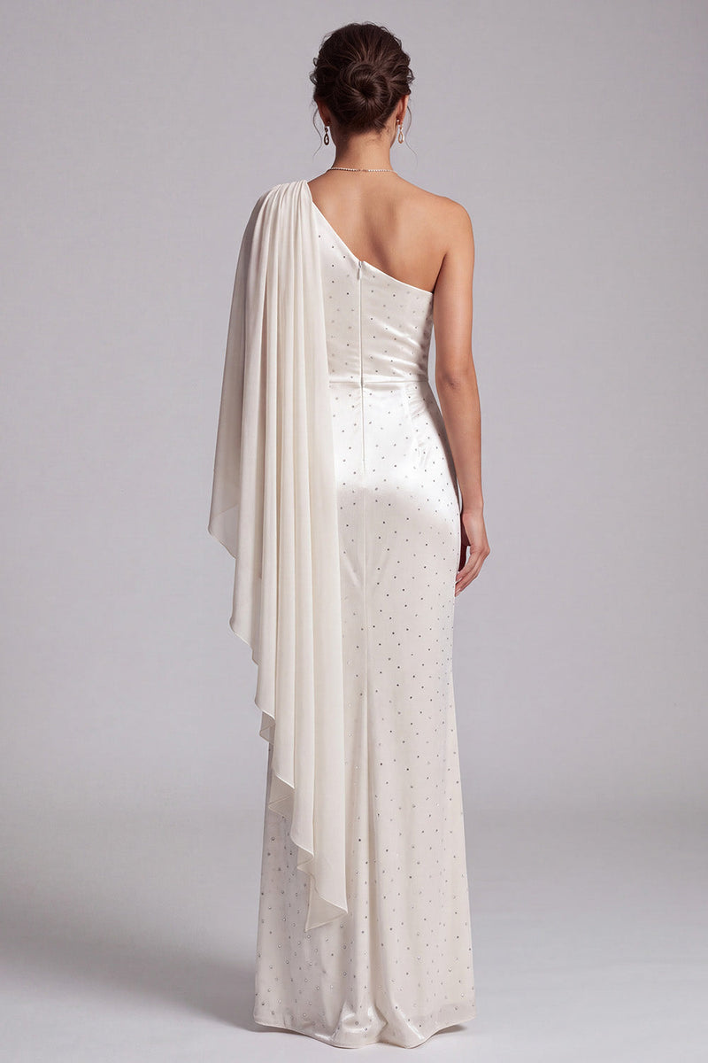 Load image into Gallery viewer, Sparkly Ivory Mermaid Beaded Ruched Long Mother of the Bride Dress with Side Cape