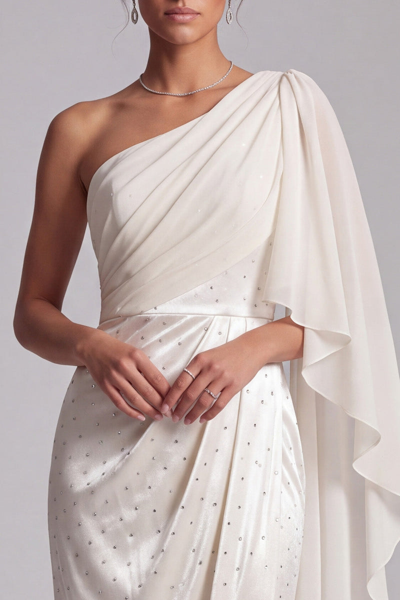 Load image into Gallery viewer, Sparkly Ivory Mermaid Beaded Ruched Long Mother of the Bride Dress with Side Cape