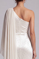Load image into Gallery viewer, Sparkly Ivory Mermaid Beaded Ruched Long Mother of the Bride Dress with Side Cape