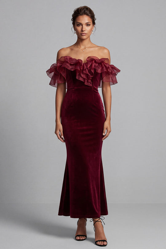 Burgundy Mermaid Off the Shoulder Ruffled Long Velvet Formal Dress