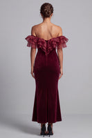 Load image into Gallery viewer, Burgundy Mermaid Off the Shoulder Ruffled Long Velvet Formal Dress