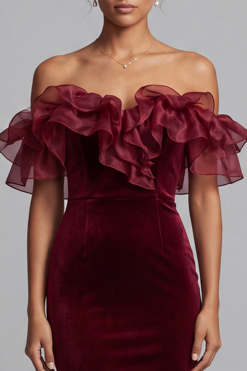 Load image into Gallery viewer, Burgundy Mermaid Off the Shoulder Ruffled Long Velvet Formal Dress