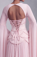 Load image into Gallery viewer, Blush Ruffled Beaded A Line Corset Long Sleeves Prom Dress