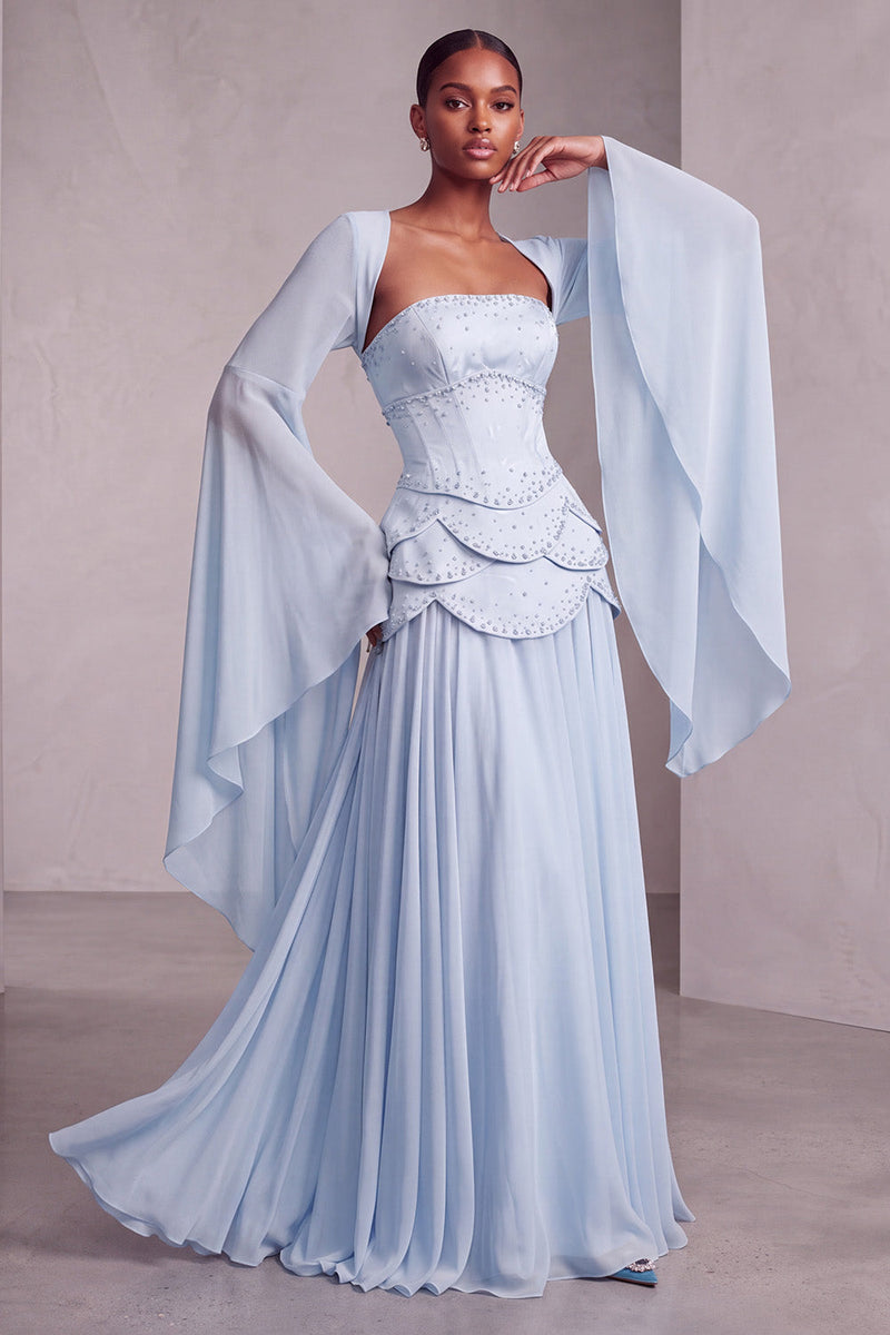 Load image into Gallery viewer, Blush Ruffled Beaded A Line Corset Long Sleeves Prom Dress