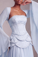 Load image into Gallery viewer, Blush Ruffled Beaded A Line Corset Long Sleeves Prom Dress