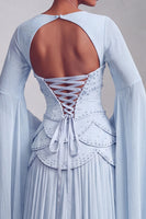 Load image into Gallery viewer, Blush Ruffled Beaded A Line Corset Long Sleeves Prom Dress