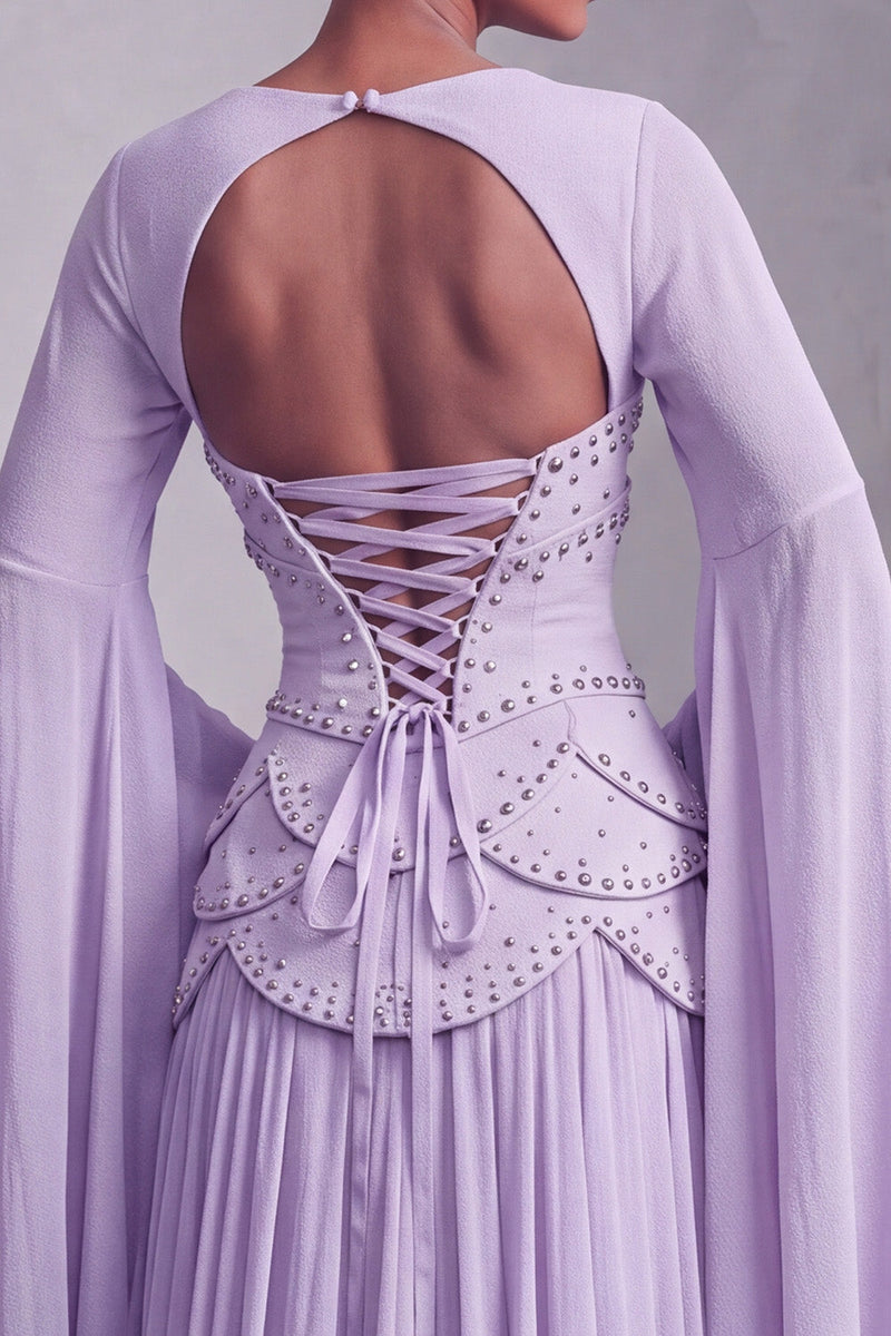Load image into Gallery viewer, Blush Ruffled Beaded A Line Corset Long Sleeves Prom Dress