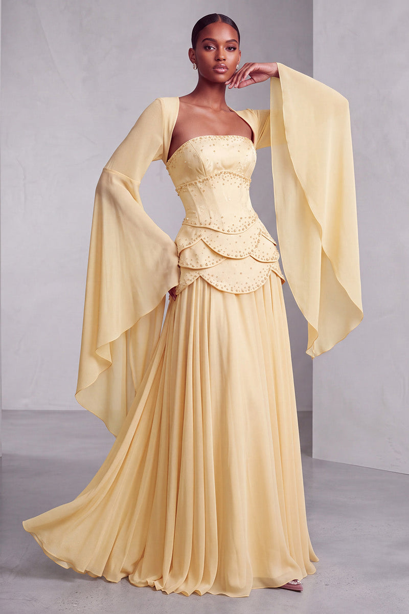 Load image into Gallery viewer, Blush Ruffled Beaded A Line Corset Long Sleeves Prom Dress