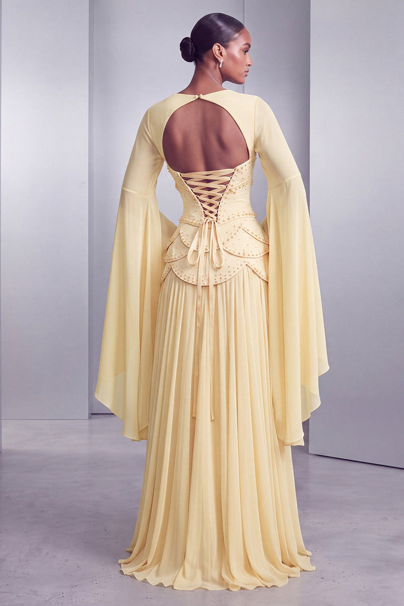 Load image into Gallery viewer, Blush Ruffled Beaded A Line Corset Long Sleeves Prom Dress